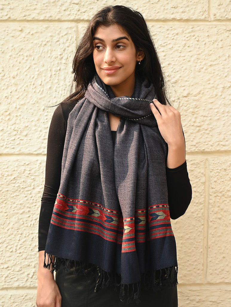 Exclusive Soft Himachal Wool Stole with Woven Border - Smoky Trail
