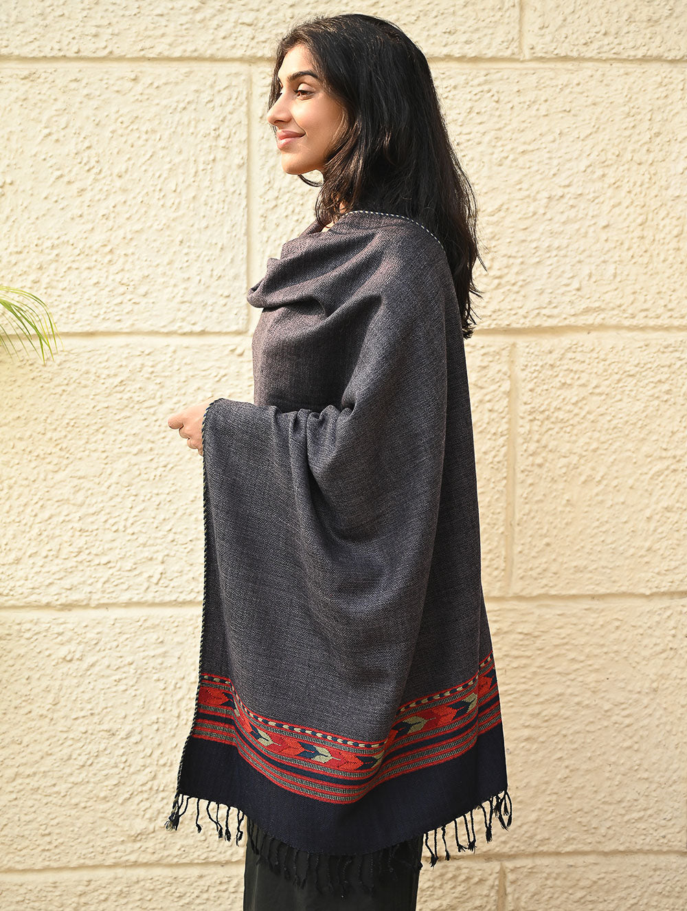 Exclusive Soft Himachal Wool Stole with Woven Border - Smoky Trail