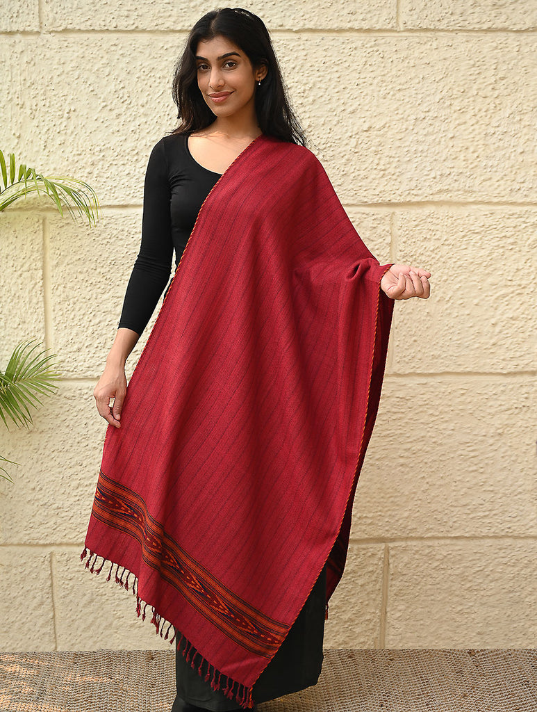 Exclusive Soft Himachal Wool Stole with Woven Border - Sunset Rose