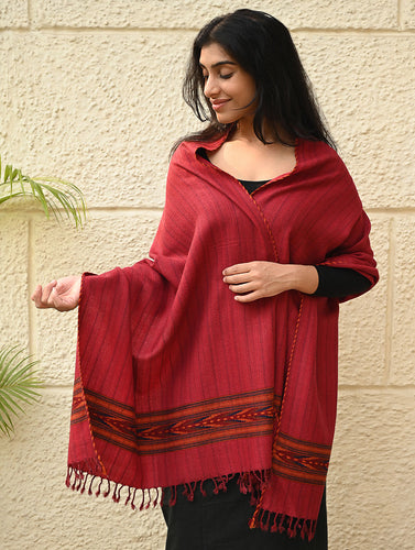 Exclusive Soft Himachal Wool Stole with Woven Border - Sunset Rose