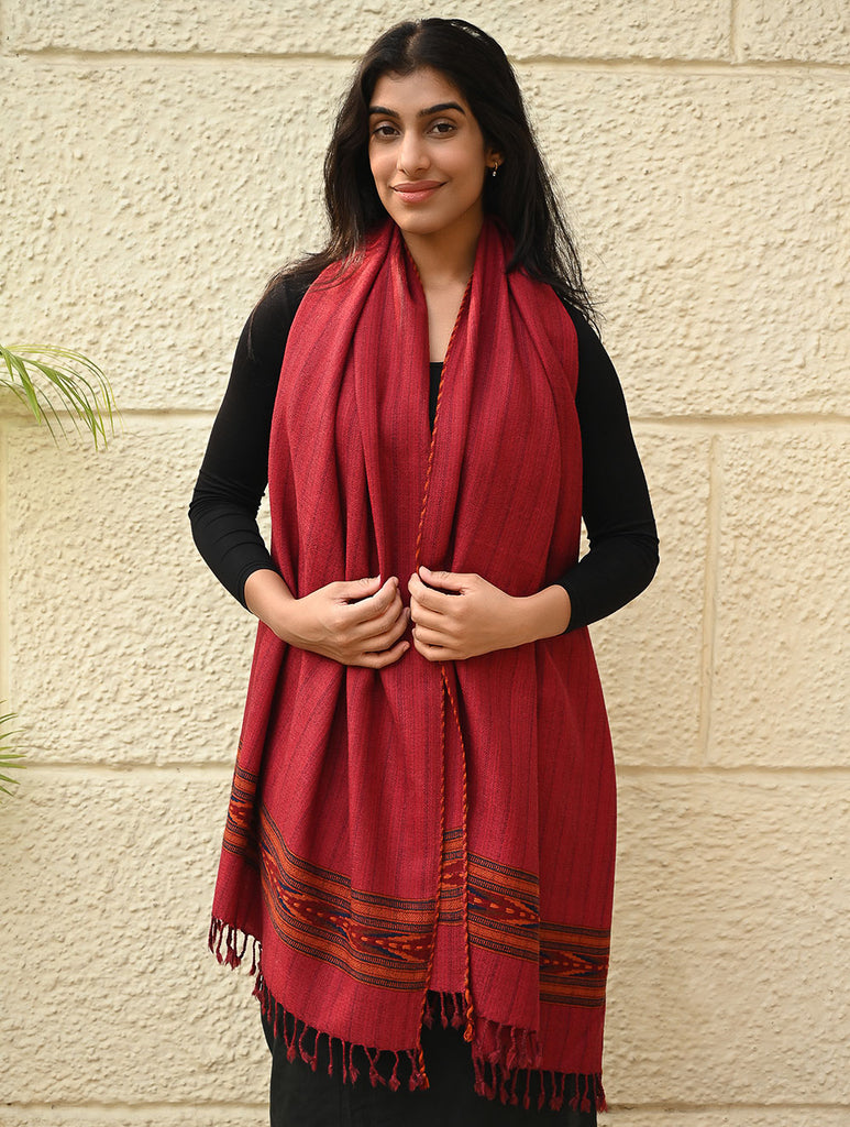 Exclusive Soft Himachal Wool Stole with Woven Border - Sunset Rose