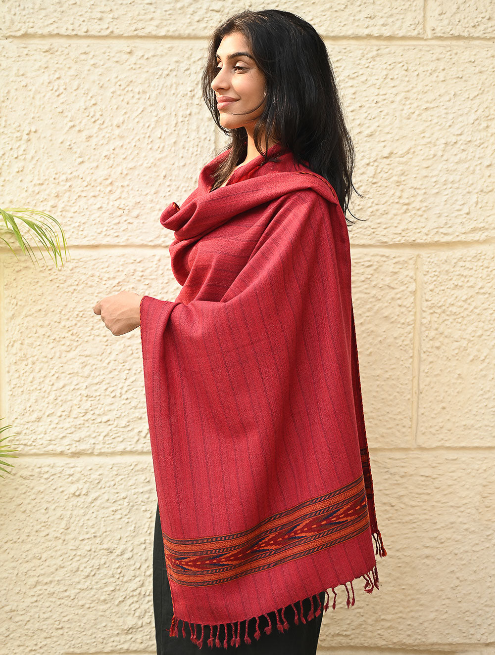 Load image into Gallery viewer, Exclusive Soft Himachal Wool Stole with Woven Border - Sunset Rose