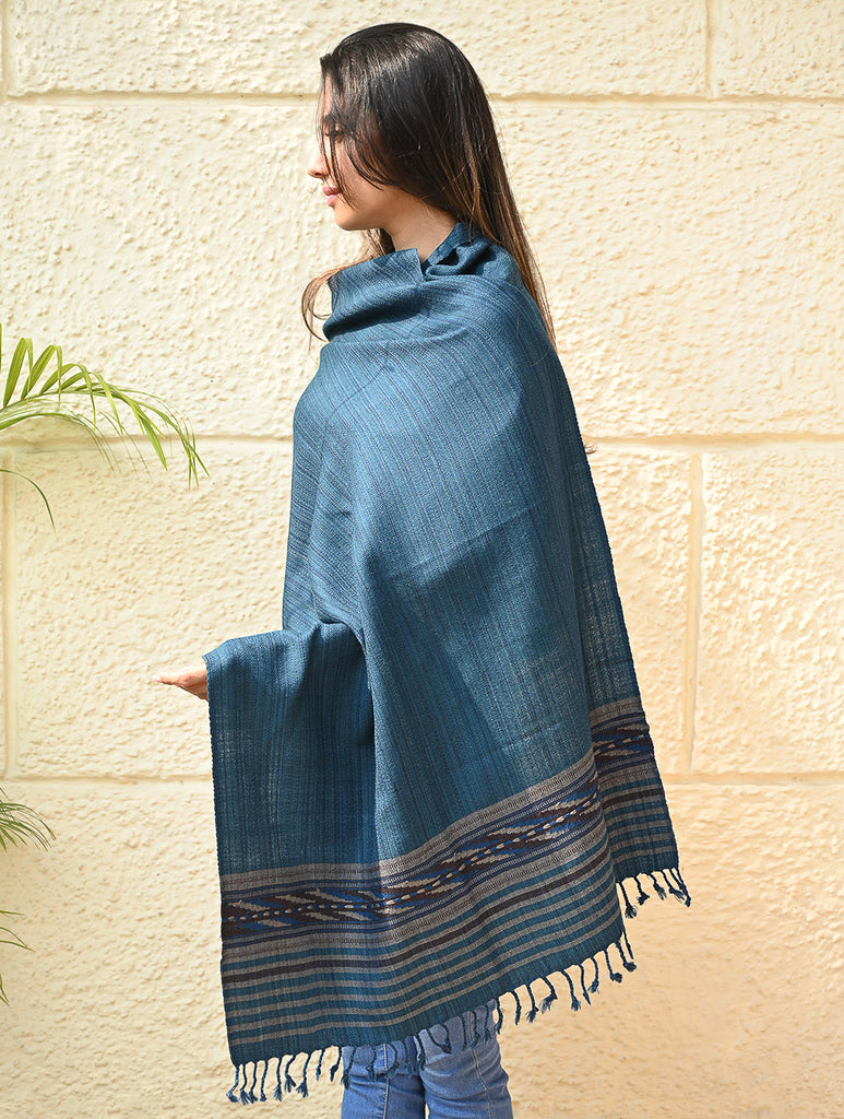 Exclusive Soft Himachal Wool Stole with Woven Border - Teal Slate