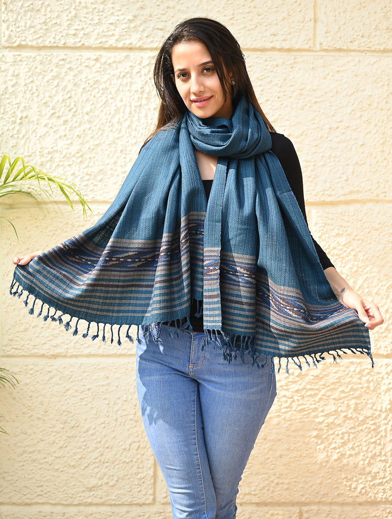 Exclusive Soft Himachal Wool Stole with Woven Border - Teal Slate