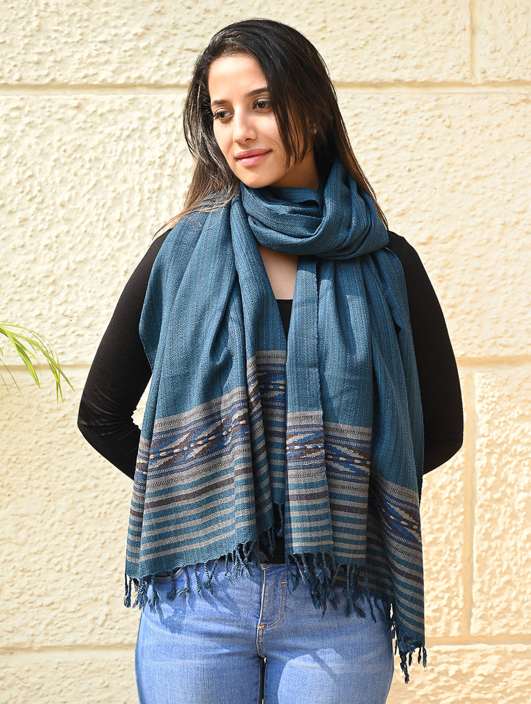 Exclusive Soft Himachal Wool Stole with Woven Border - Teal Slate