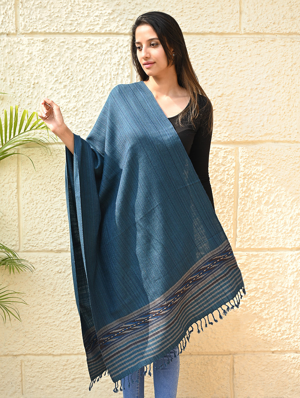 Load image into Gallery viewer, Exclusive Soft Himachal Wool Stole with Woven Border - Teal Slate