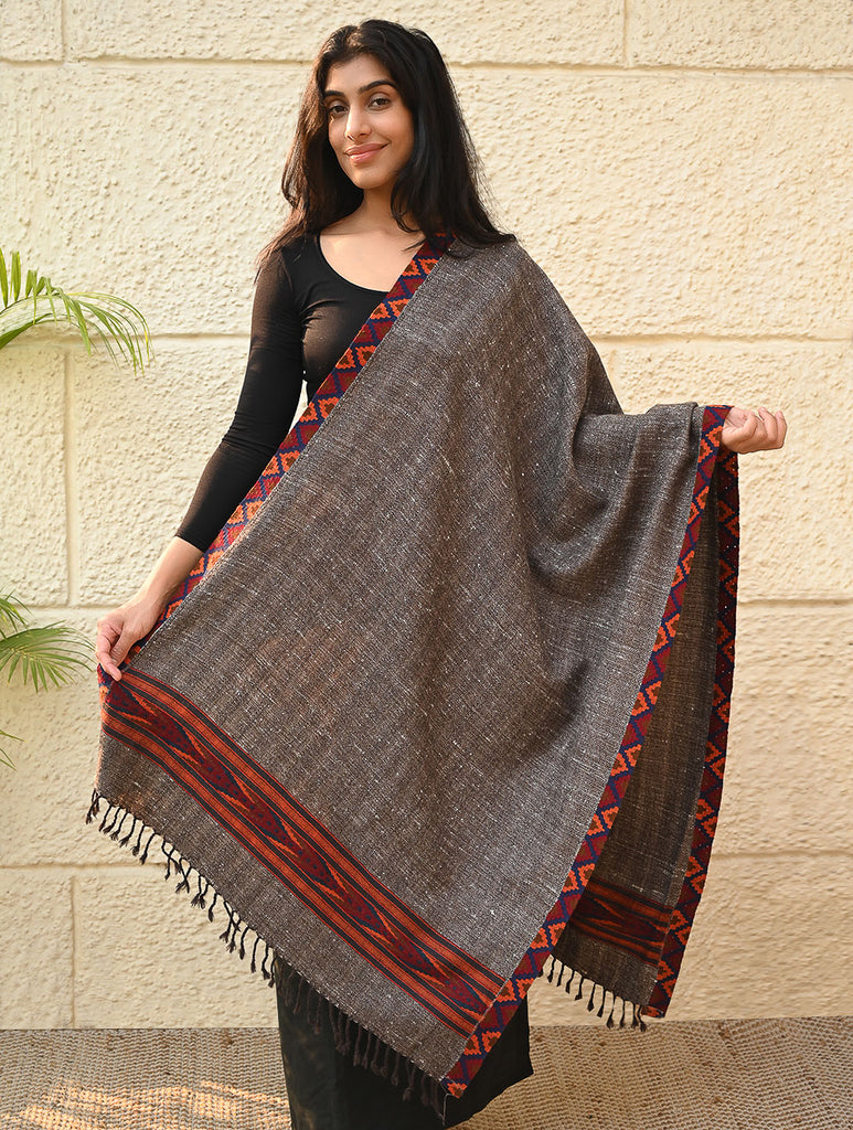 Exclusive Soft Himachal Wool Stole with Woven Border - Woodland Trail