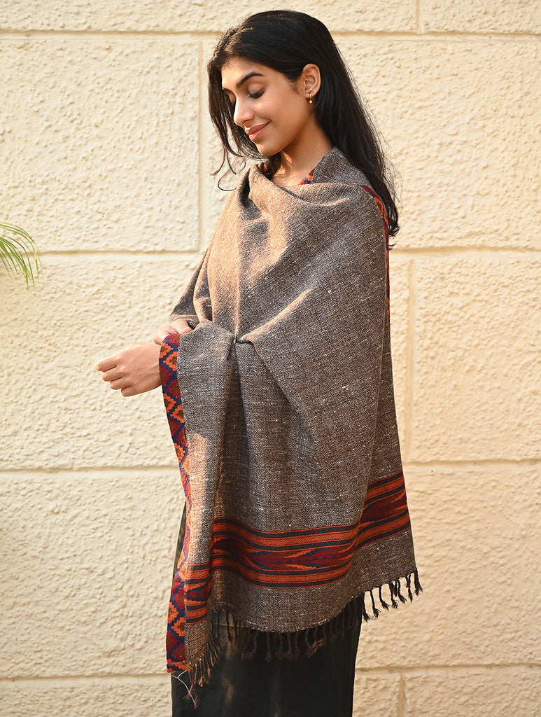 Exclusive Soft Himachal Wool Stole with Woven Border - Woodland Trail