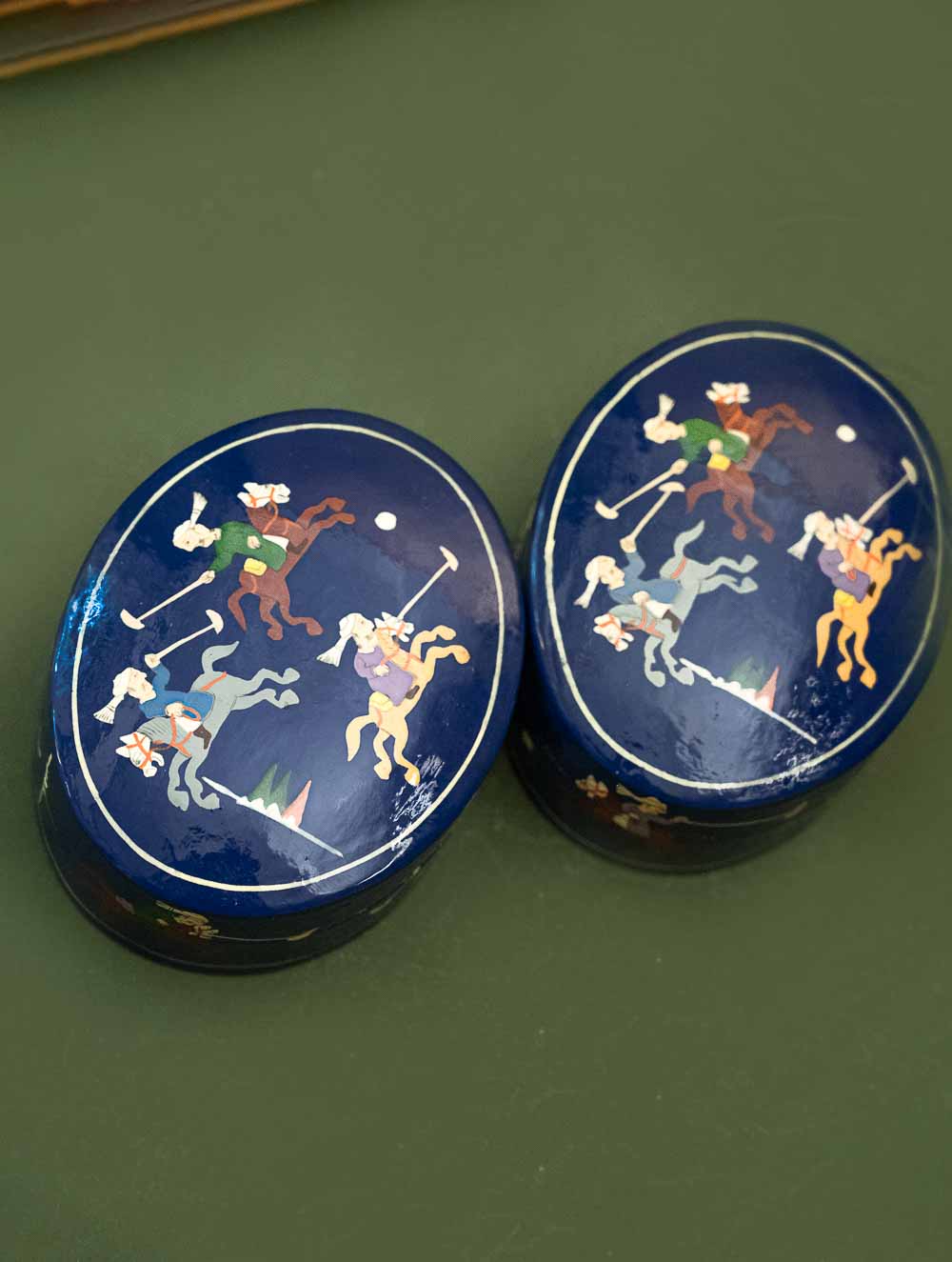 Exclusive, Fine Kashmiri Art Decorative Boxes - Blue Oval Polo (Set of 2)