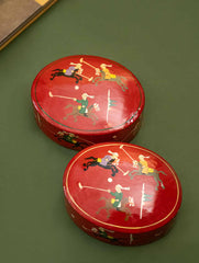 Exclusive, Fine Kashmiri Art Decorative Boxes - Red Round Polo (Set of 2)