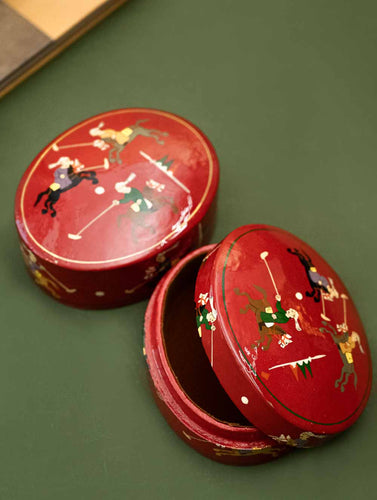Exclusive, Fine Kashmiri Art Decorative Boxes - Red Round Polo (Set of 2)