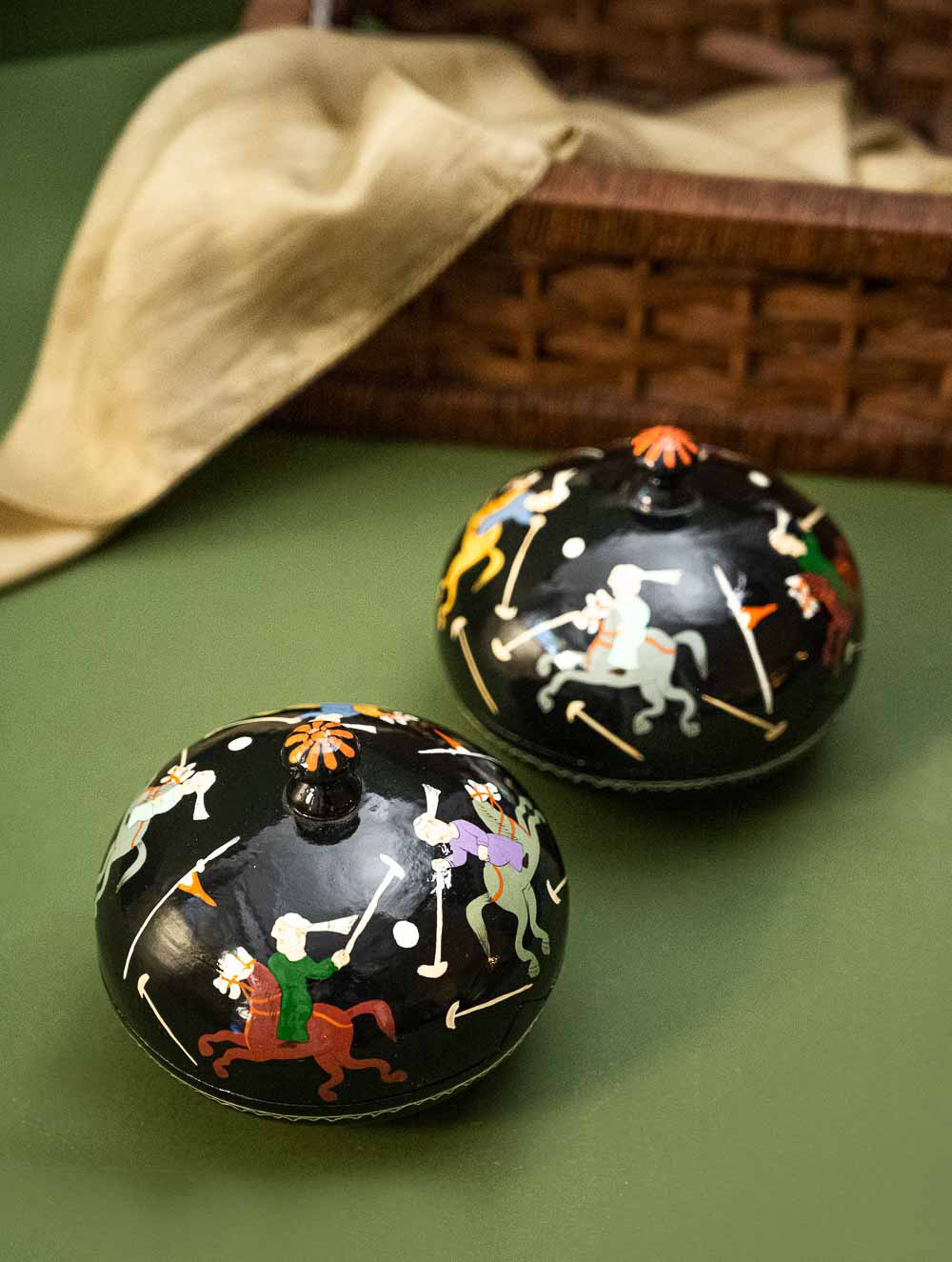 Exclusive, Fine Kashmiri Art Decorative Dome Boxes - Black Polo (Set of 2)
