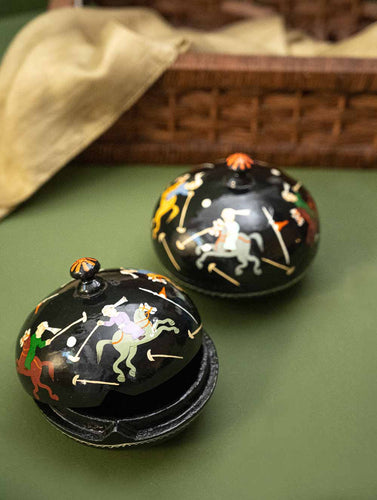 Exclusive, Fine Kashmiri Art Decorative Dome Boxes - Black Polo (Set of 2)