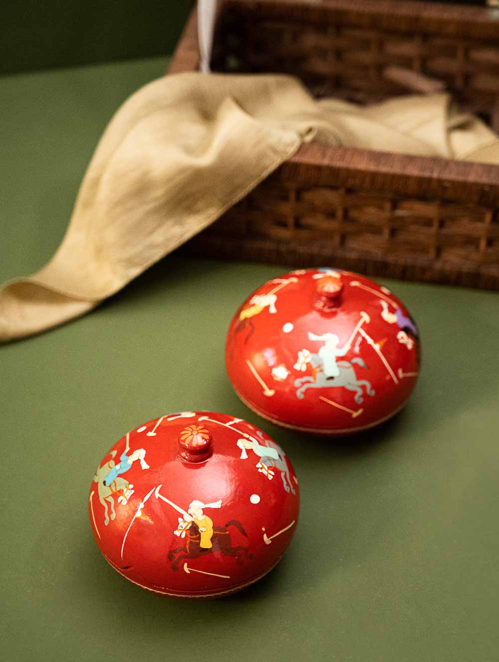 Exclusive, Fine Kashmiri Art Decorative Dome Boxes - Red Polo (Set of 2)