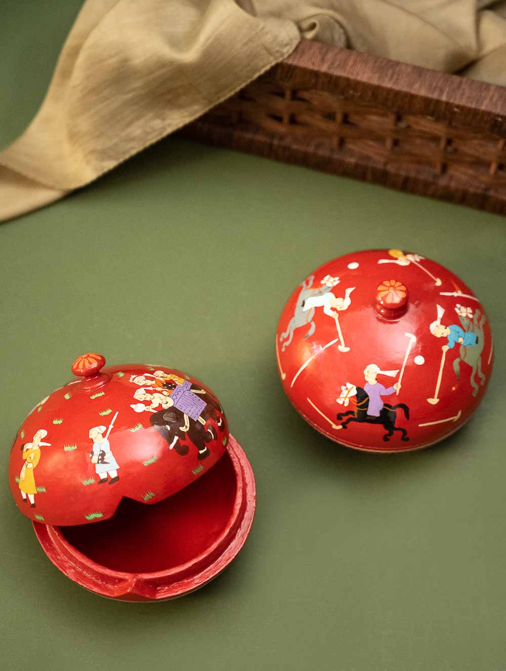 Exclusive, Fine Kashmiri Art Decorative Dome Boxes - Red Polo (Set of 2)
