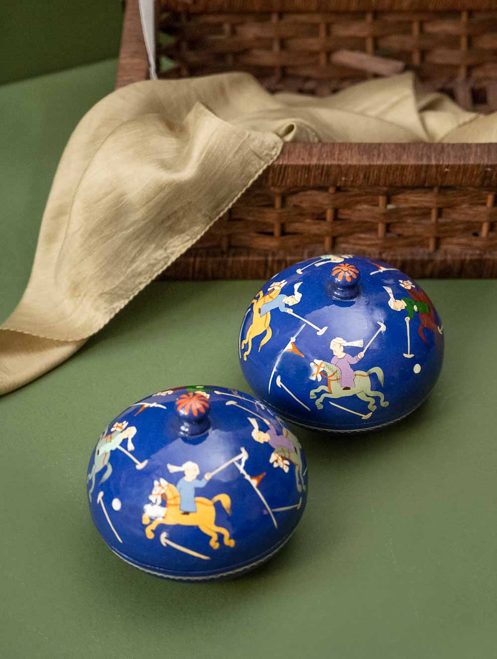 Exclusive, Fine Kashmiri Art Decorative Dome Boxes - Vivid Blue Polo (Set of 2)
