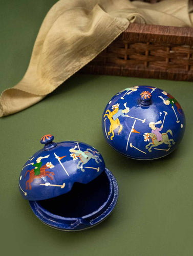 Exclusive, Fine Kashmiri Art Decorative Dome Boxes - Vivid Blue Polo (Set of 2)