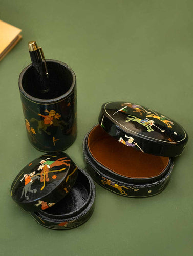 Exclusive, Fine Kashmiri Art Desk Set - Black Polo (Set of 3)
