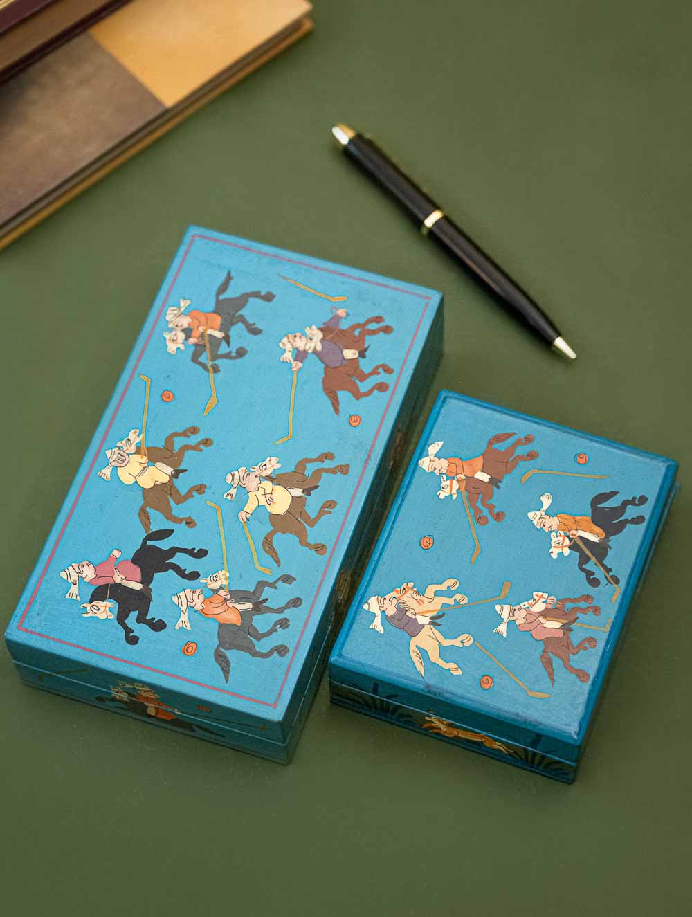 Exclusive, Fine Kashmiri Art Utility Boxes - Polo Players (Set of 2)
