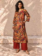 Exclusive, Authentic Kalamkari Cotton Loose Fit Kurta Set - Red Flora (2 pc set)