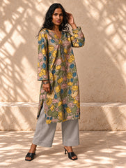 Exclusive, Authentic Kalamkari Cotton Loose Fit Kurta Set - Soft Grey Flora, (2 pc set)