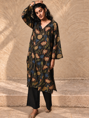 Exclusive, Authentic Kalamkari Silk Viscose Blend Loose Fit Kurta Set - Black Lotus (2 pc set)