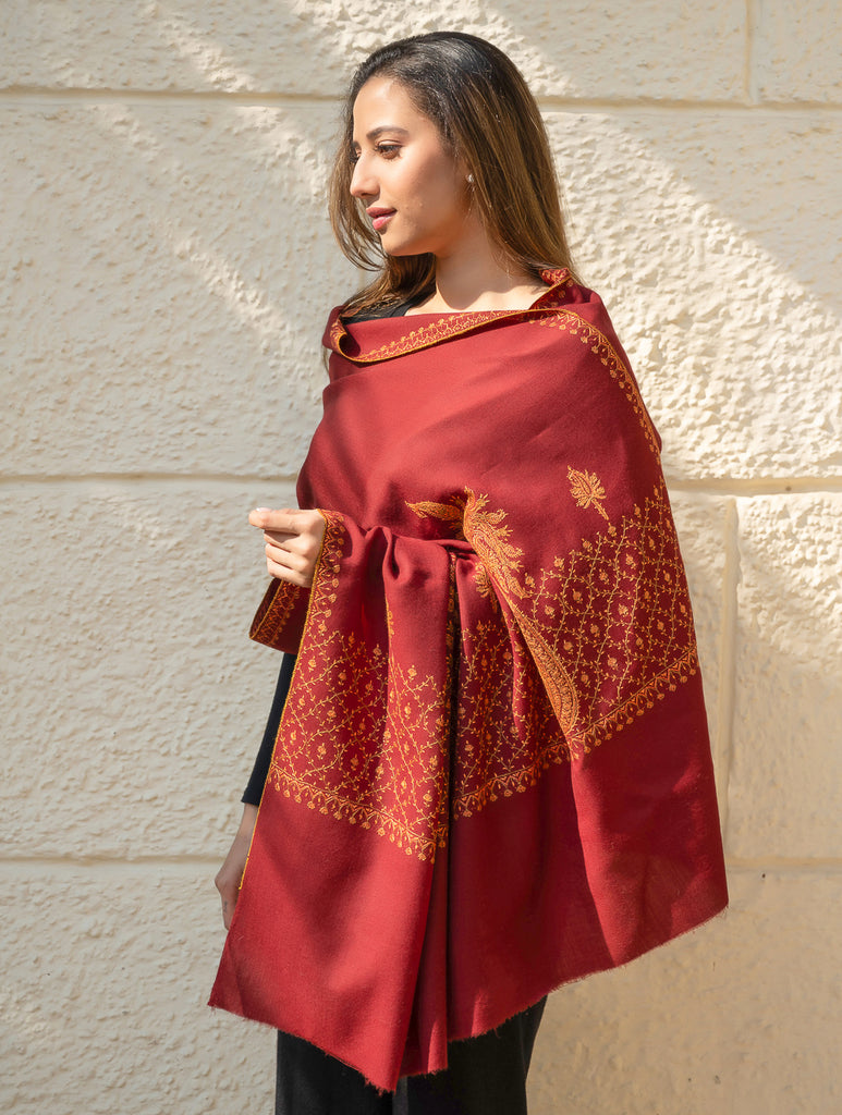 Exclusive, Fine Hand Embroidered Kashmiri Shawl - Dark Red Ornate