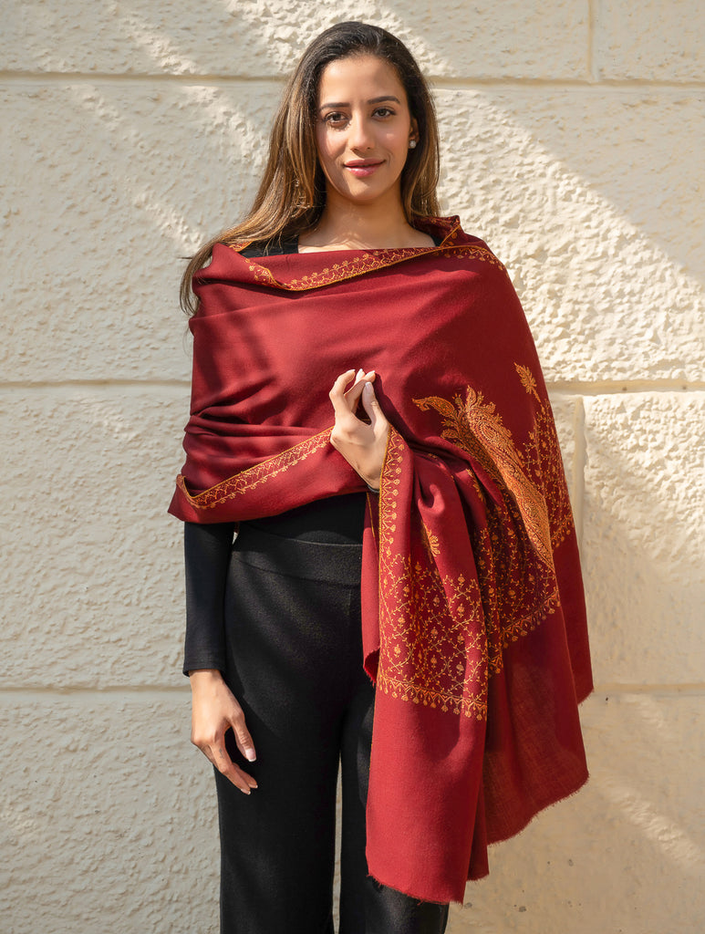 Exclusive, Fine Hand Embroidered Kashmiri Shawl - Dark Red Ornate