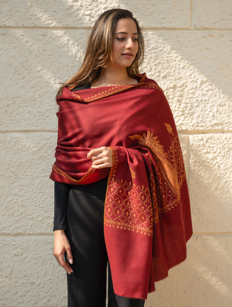 Exclusive, Fine Hand Embroidered Kashmiri Shawl - Dark Red Ornate