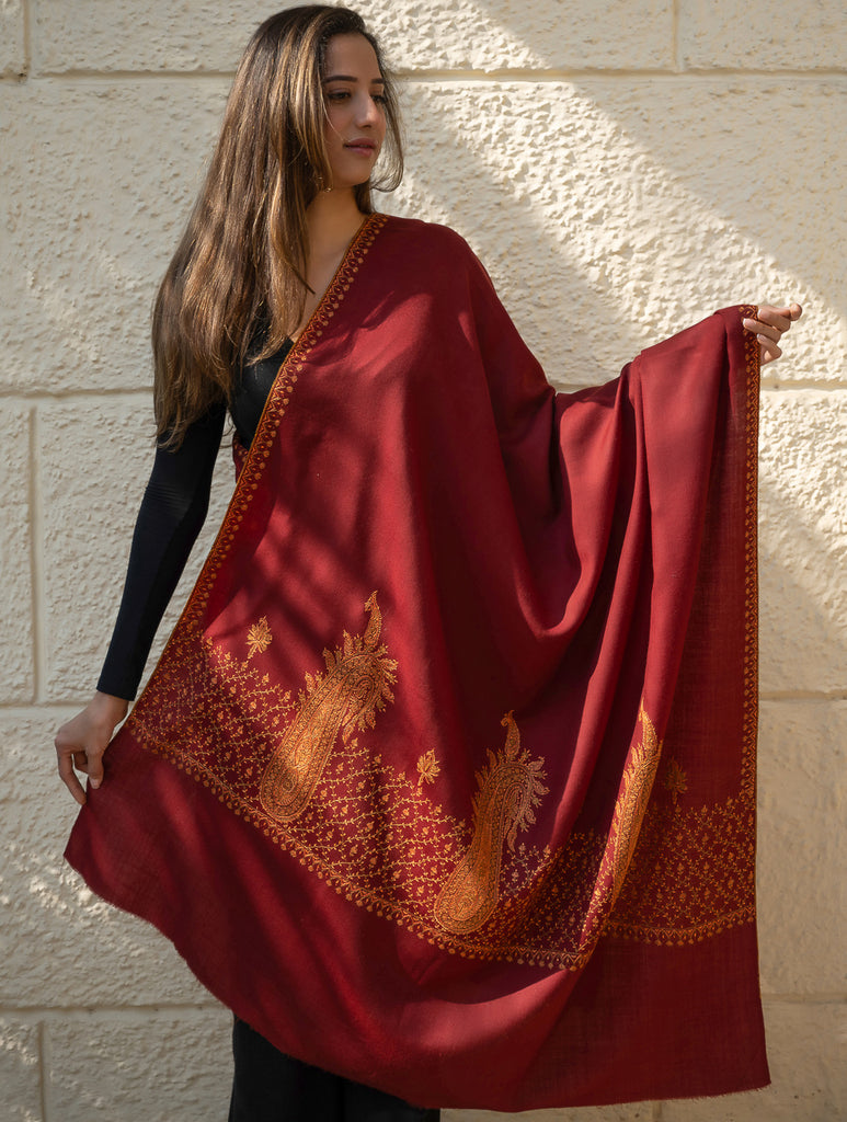 Exclusive, Fine Hand Embroidered Kashmiri Shawl - Dark Red Ornate