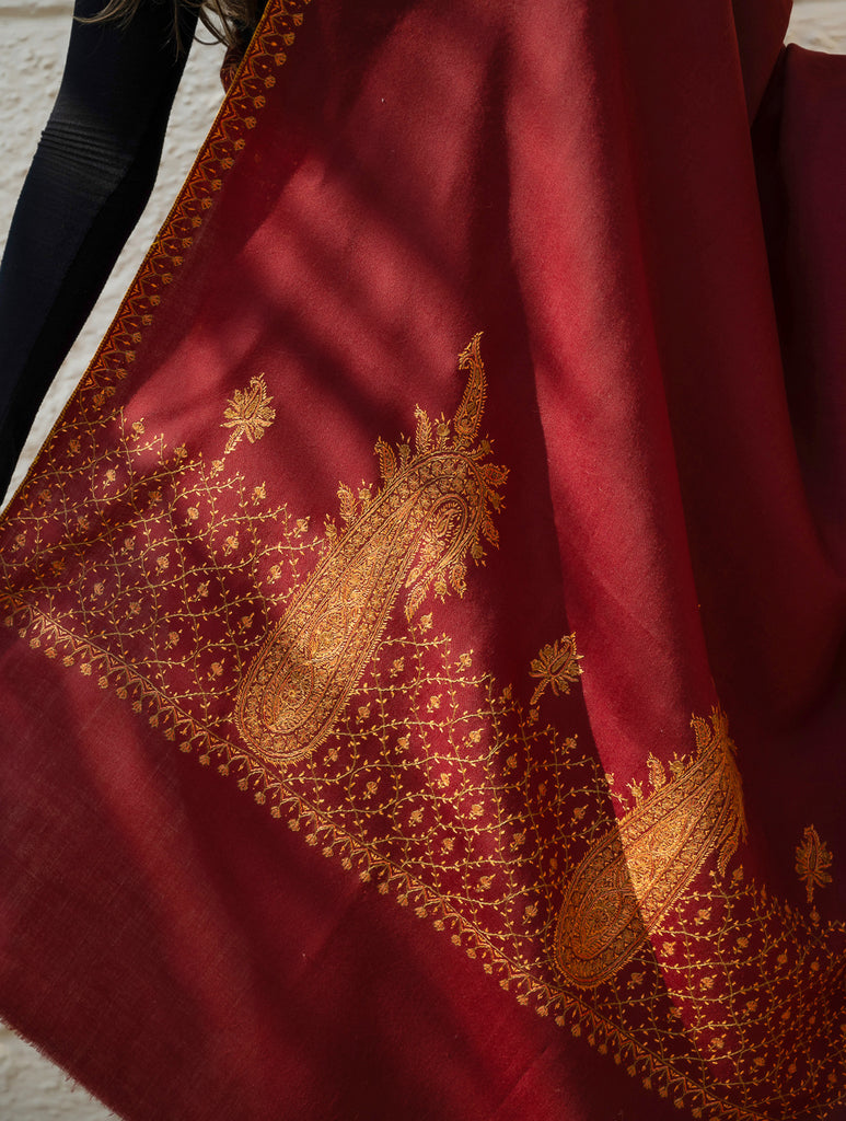 Exclusive, Fine Hand Embroidered Kashmiri Shawl - Dark Red Ornate