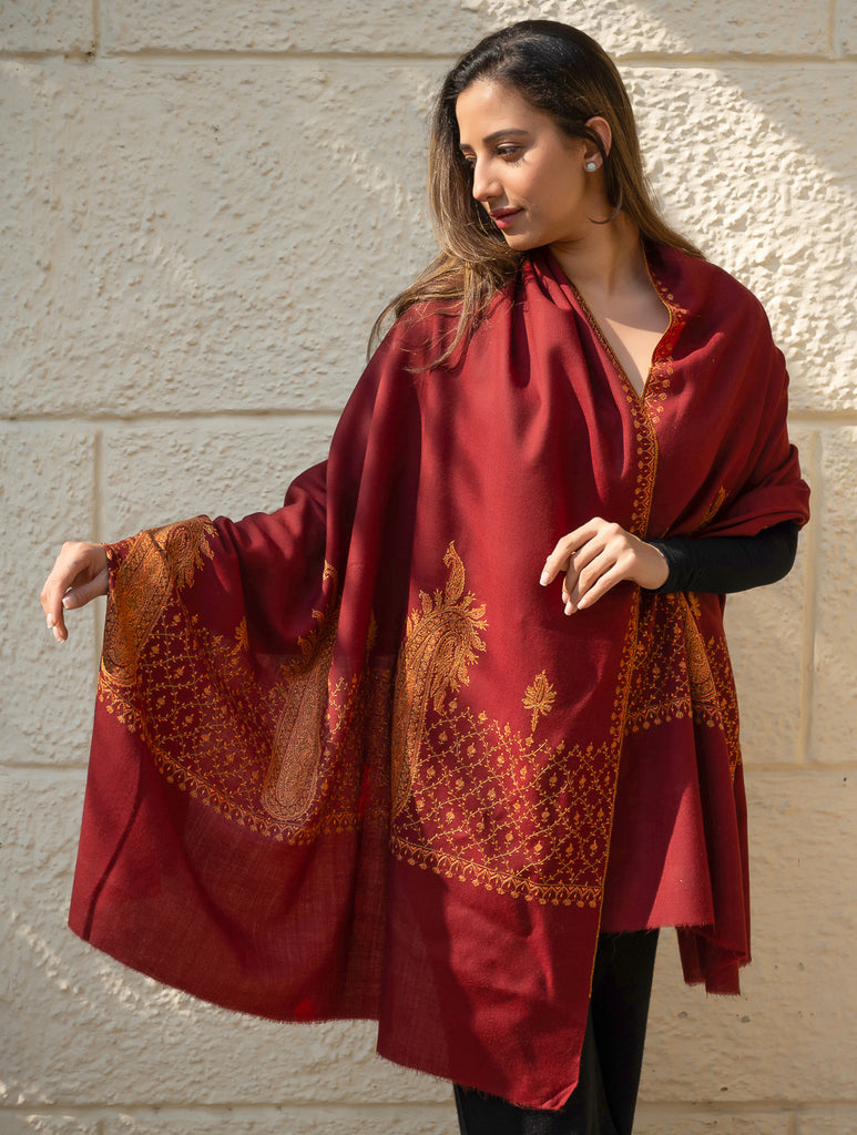 Exclusive, Fine Hand Embroidered Kashmiri Shawl - Dark Red Ornate