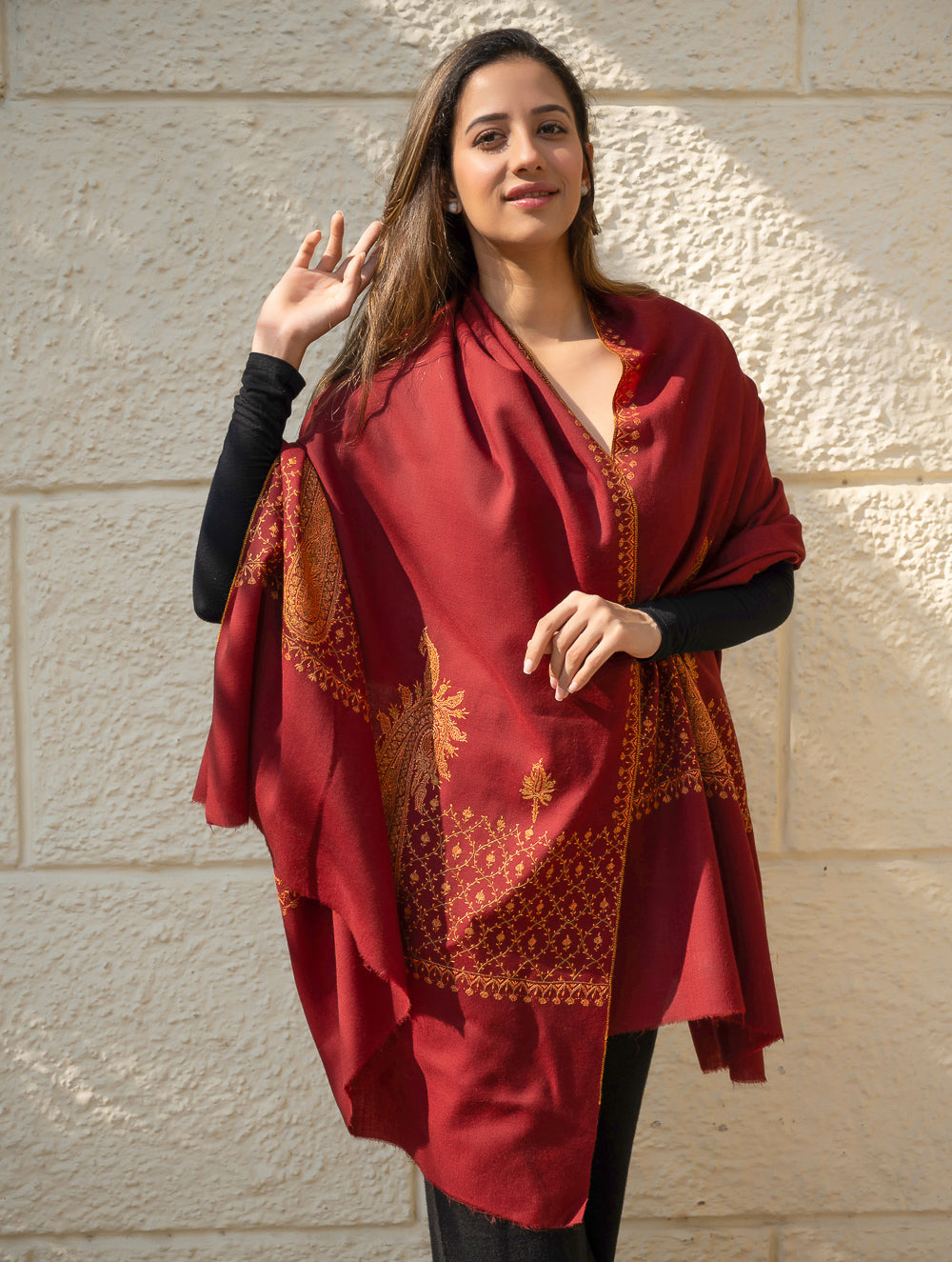 Load image into Gallery viewer, Exclusive, Fine Hand Embroidered Kashmiri Shawl - Dark Red Ornate