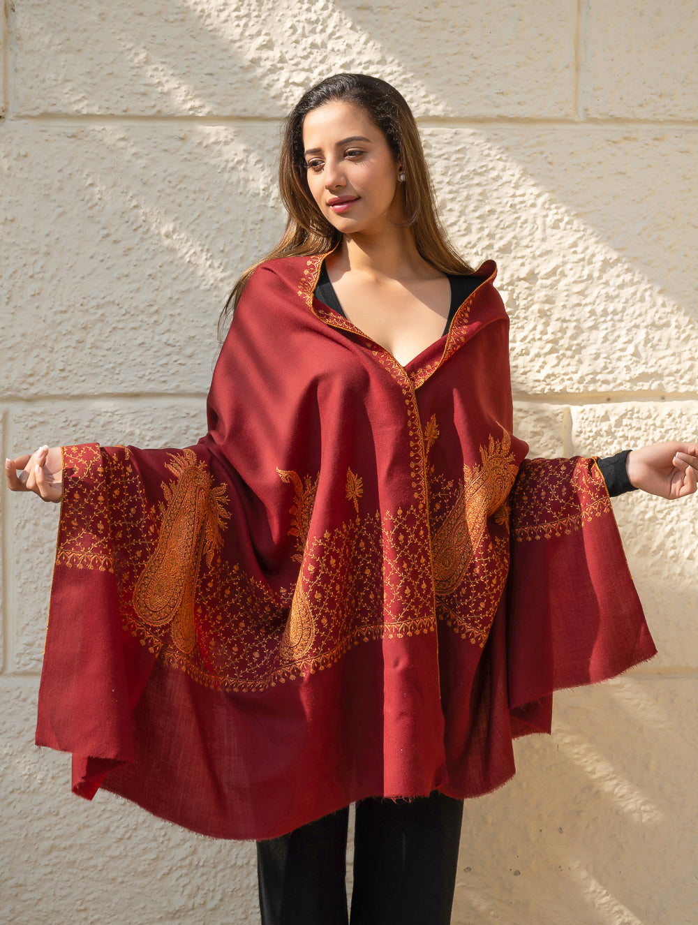 Load image into Gallery viewer, Exclusive, Fine Hand Embroidered Kashmiri Shawl - Dark Red Ornate