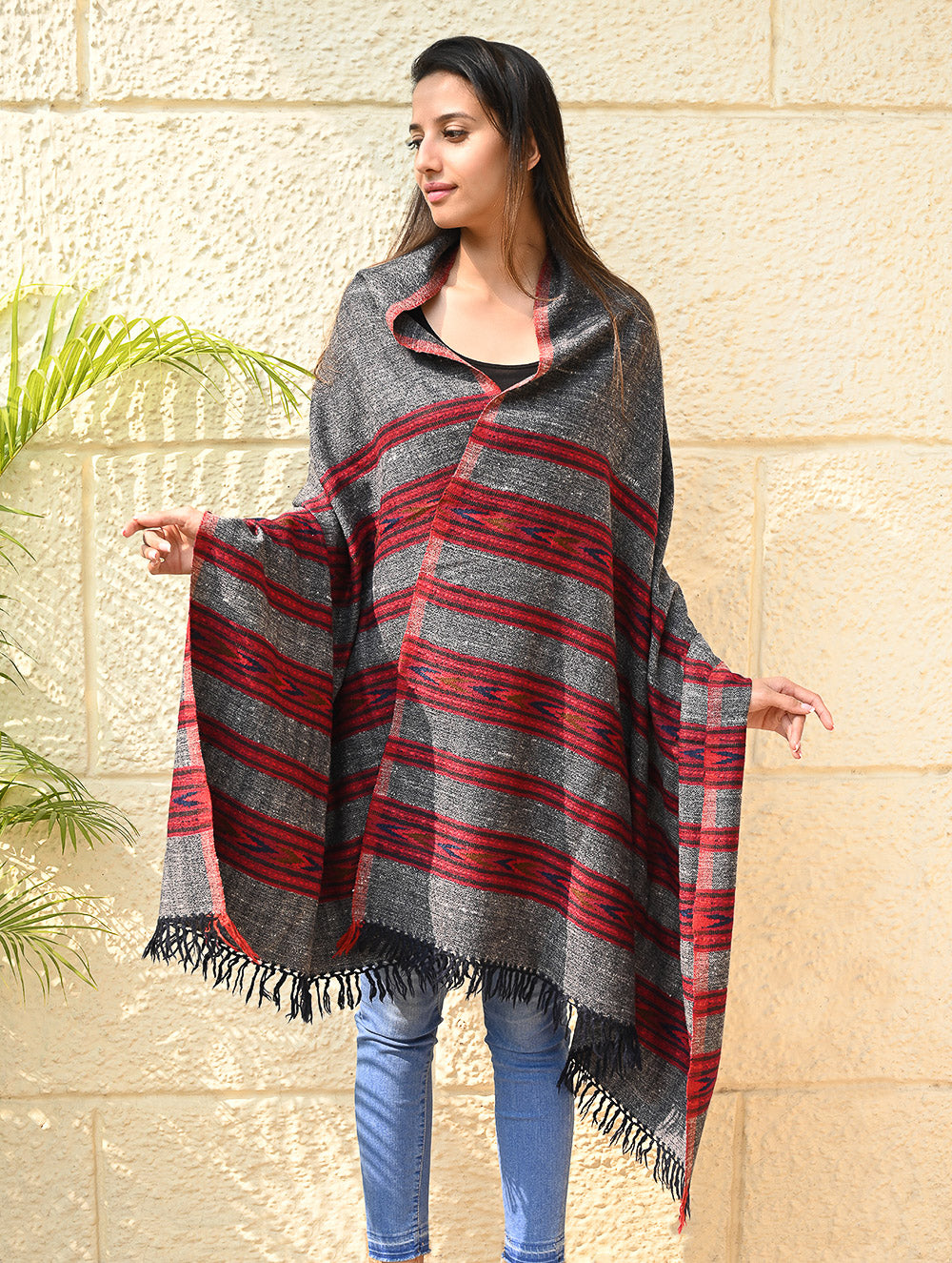 Load image into Gallery viewer, Fine, Soft Himachal Self Striped Wool Shawl - 3 Panels, Blush Granite