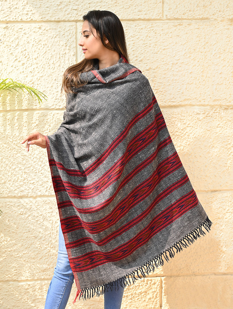 Fine, Soft Himachal Self Striped Wool Shawl - 3 Panels, Blush Granite