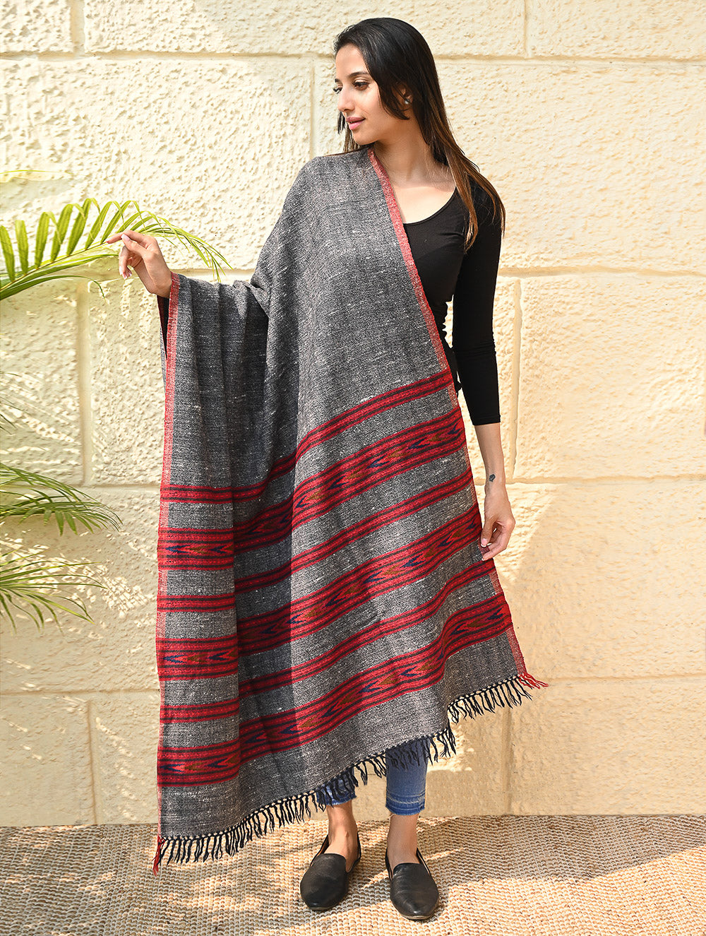 Load image into Gallery viewer, Fine, Soft Himachal Self Striped Wool Shawl - 3 Panels, Blush Granite