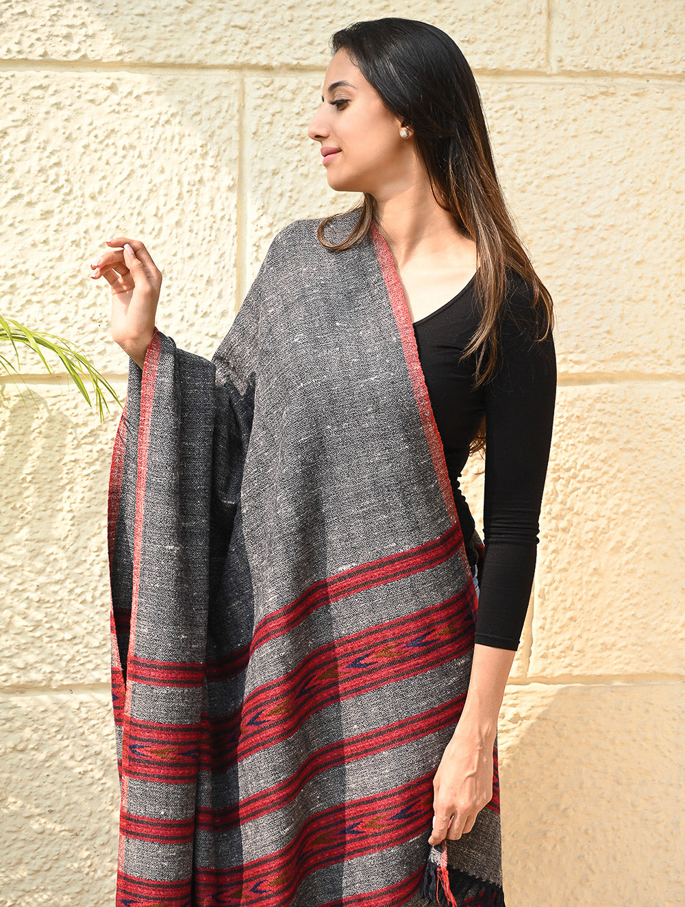 Load image into Gallery viewer, Fine, Soft Himachal Self Striped Wool Shawl - 3 Panels, Blush Granite