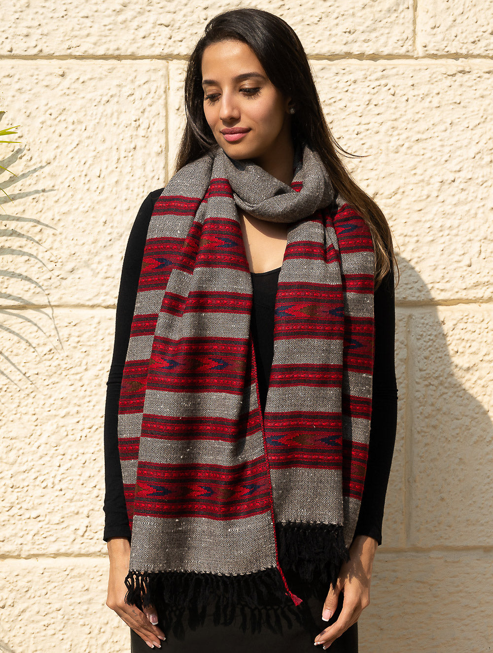 Load image into Gallery viewer, Fine, Soft Himachal Self Striped Wool Shawl - 3 Panels, Cherry on Graphite