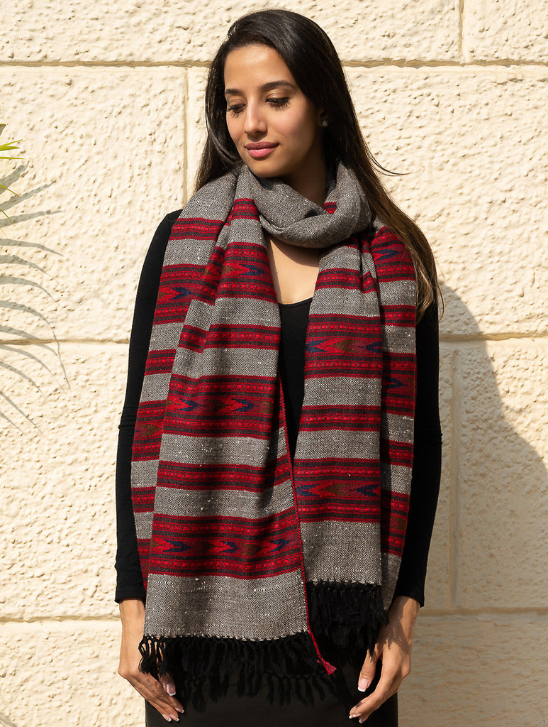 Fine, Soft Himachal Self Striped Wool Shawl - 3 Panels, Cherry on Graphite