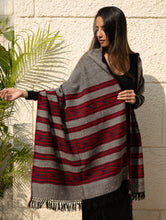Load image into Gallery viewer, Fine, Soft Himachal Self Striped Wool Shawl - 3 Panels, Cherry on Graphite