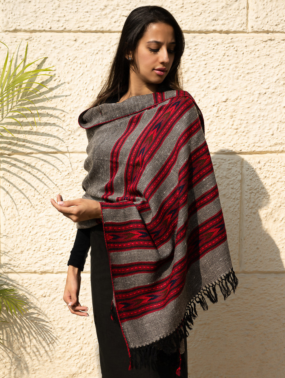 Load image into Gallery viewer, Fine, Soft Himachal Self Striped Wool Shawl - 3 Panels, Cherry on Graphite