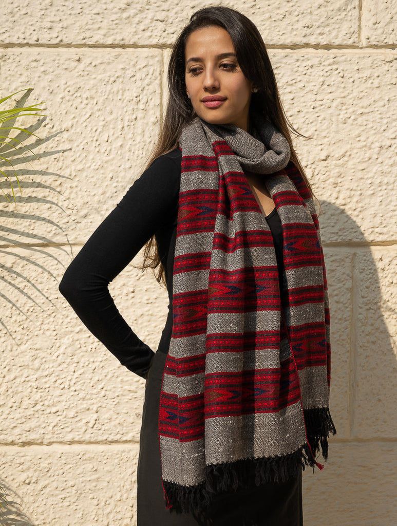Fine, Soft Himachal Self Striped Wool Shawl - 3 Panels, Cherry on Graphite