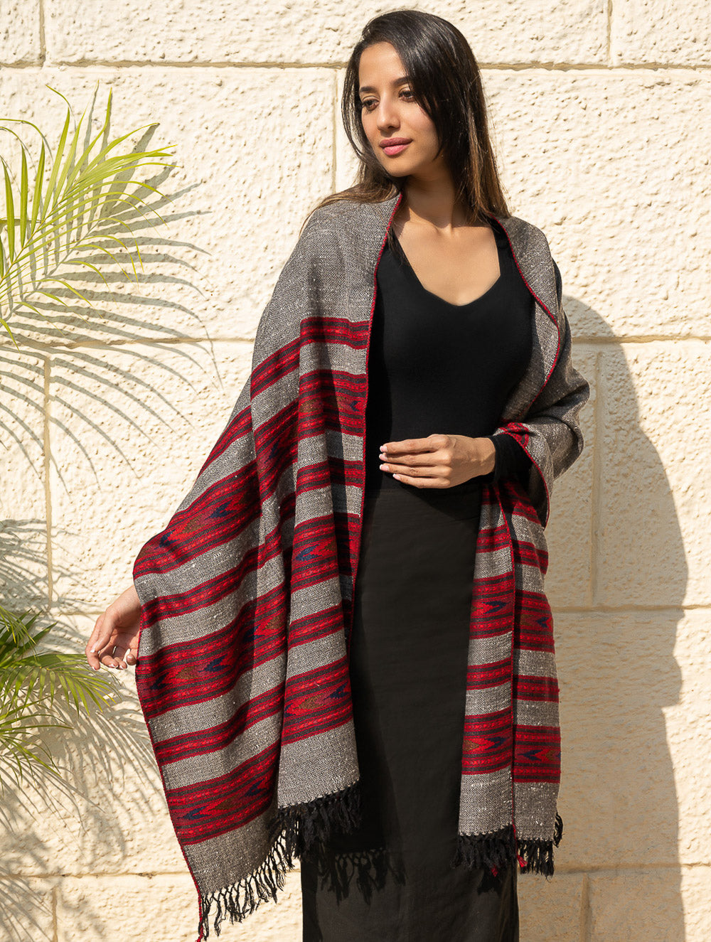 Load image into Gallery viewer, Fine, Soft Himachal Self Striped Wool Shawl - 3 Panels, Cherry on Graphite