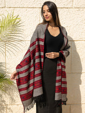Load image into Gallery viewer, Fine, Soft Himachal Self Striped Wool Shawl - 3 Panels, Cherry on Graphite