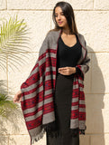 Fine, Soft Himachal Self Striped Wool Shawl - 3 Panels, Cherry on Graphite
