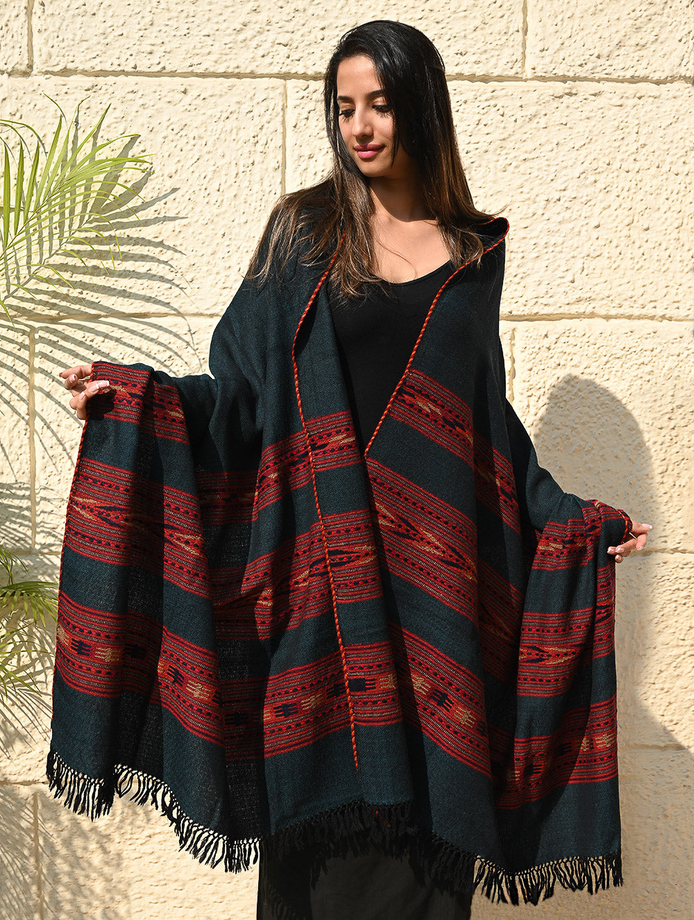 Load image into Gallery viewer, Fine, Soft Himachal Self Striped Wool Shawl - 3 Panels, Deep Alpine Teal