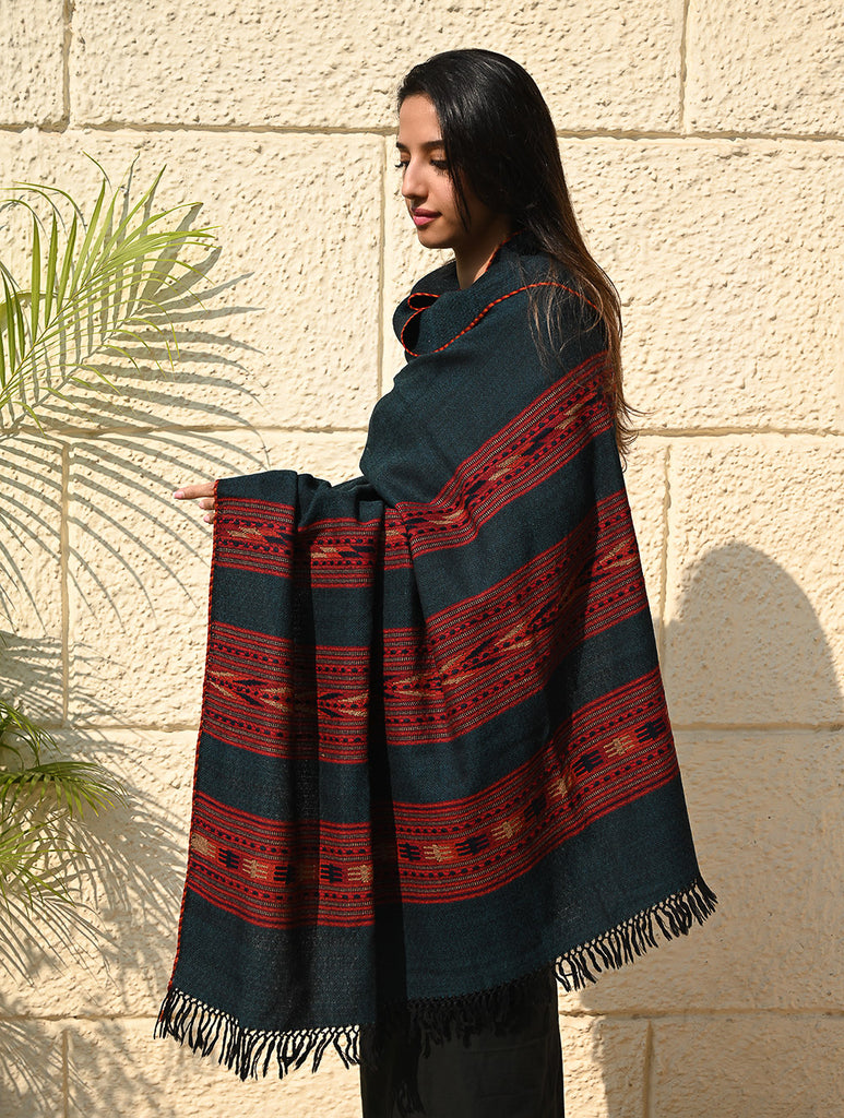 Fine, Soft Himachal Self Striped Wool Shawl - 3 Panels, Deep Alpine Teal