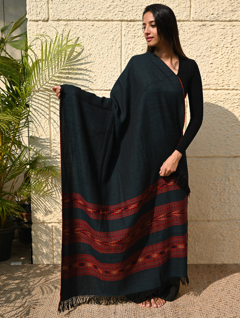 Fine, Soft Himachal Self Striped Wool Shawl - 3 Panels, Deep Alpine Teal