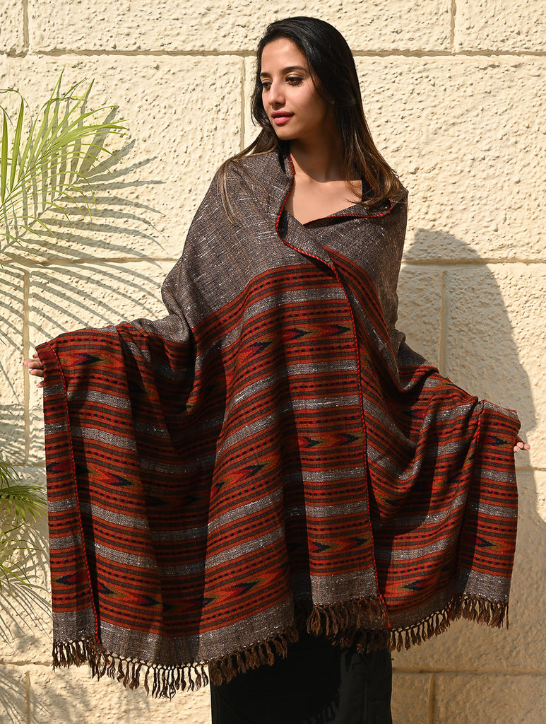 Fine, Soft Himachal Self Striped Wool Shawl - 3 Panels, Earthbound